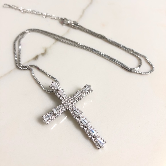 Jewelry - 18k White Gold Filled CZ Cross Necklace